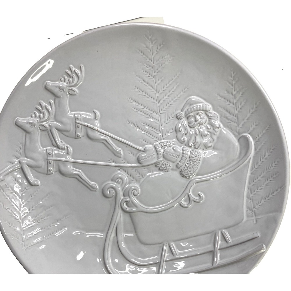 Mudpie White Ceramic Christmas Santa Serving Platter Bowl Reindeer Sleigh‎ 14"